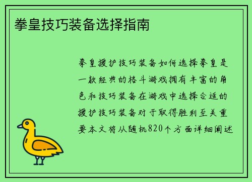 拳皇技巧装备选择指南